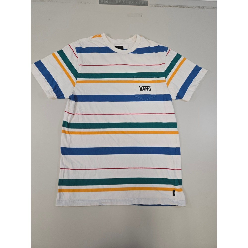Vans Mens Striped Pocket T-Shirt White Multi Color Crew Neck Short Sleeve Medium